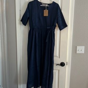 Dark blue linen handmade full length Etsy dress new with tags